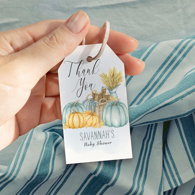 Étiquettes-cadeau Merci d'aquarelle bleu Citrouille (Fall Baby Shower gift tags with Thank You script & rustic style, from my Country Pumpkin collection)