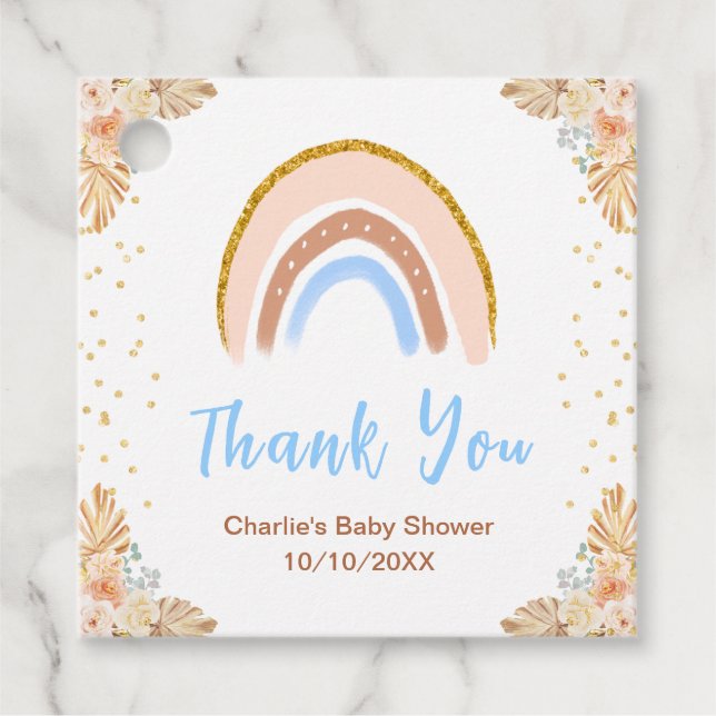 Étiquettes Cadeau Merci de Baby shower bleu arc-en-ciel Boho (Devant)