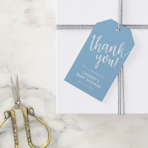 Étiquettes-cadeau Merci de Baby shower bleu lettres main Favor