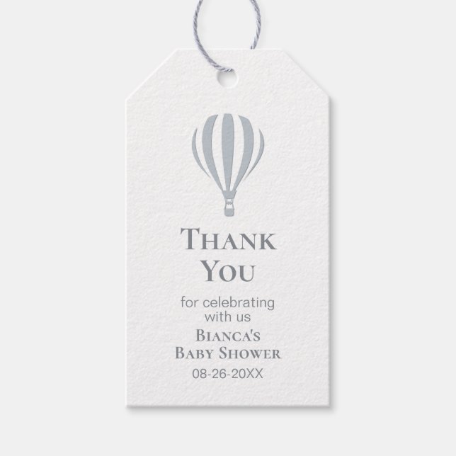 Étiquettes-cadeau Merci de Baby shower de ballon gris à air chaud (Devant)