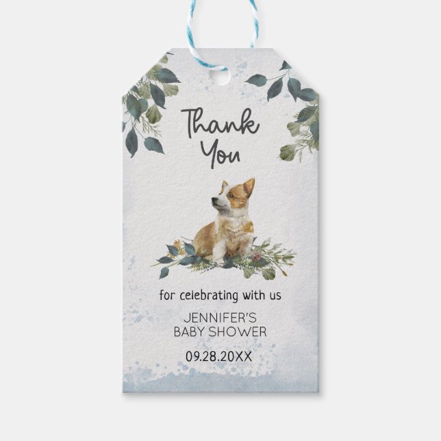 Étiquettes-cadeau Merci de Baby shower de chiot à la botanique moder (Devant)