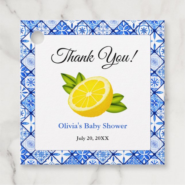 Étiquettes Cadeau Merci de Baby shower de citron bleu italien (Devant)