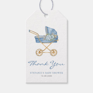 Étiquettes-cadeau Merci de Baby shower de poussette bleu aquarelle