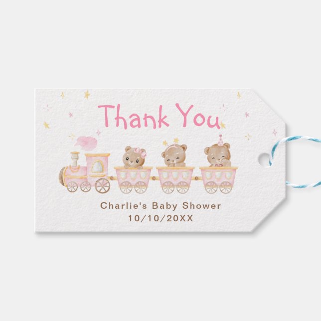 Étiquettes-cadeau Merci de Baby shower de train rose ours (Devant (Horizontal))