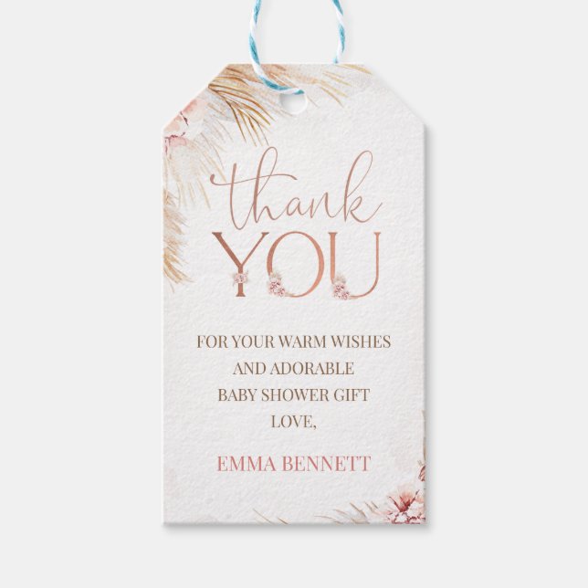 Étiquettes-cadeau Merci de Baby shower en laiton Boho Pampas (Devant)