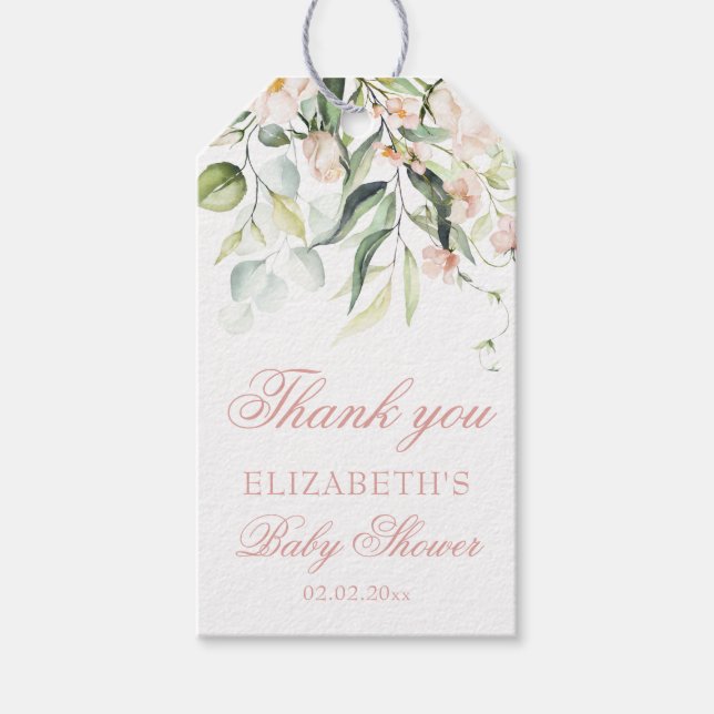 Étiquettes-cadeau Merci de Baby shower Eucalyptus aux roses roses bl (Devant)