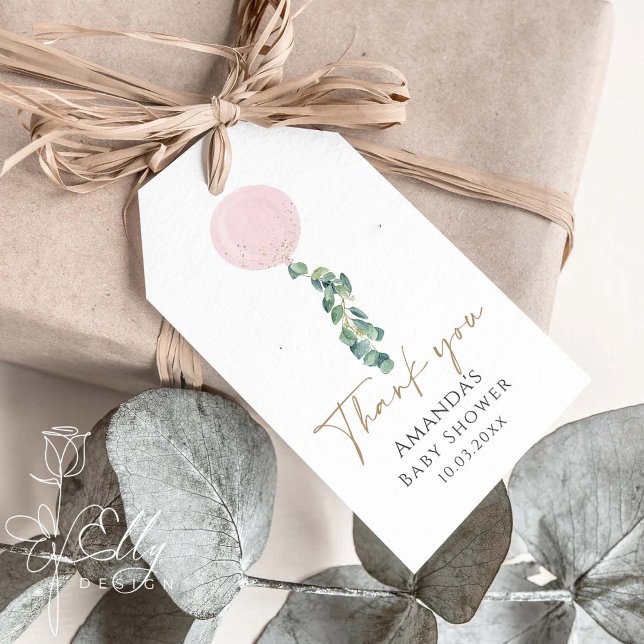 Étiquettes-cadeau Merci de Baby shower Eucalyptus rose Balloon (Créateur téléchargé)