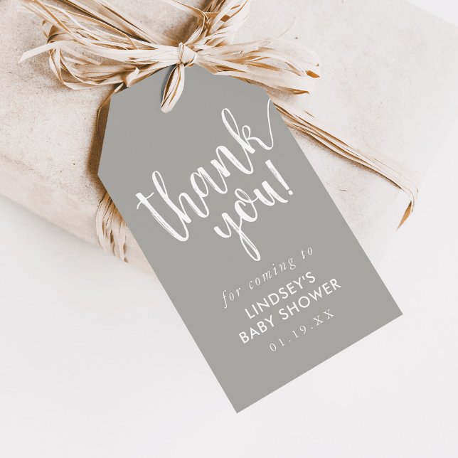 Étiquettes-cadeau Merci de Baby shower gris-lettres à la main préfér (Créateur téléchargé)