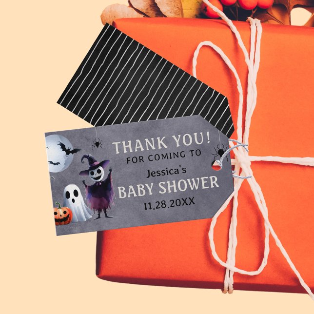 Étiquettes-cadeau Merci de Baby shower gris noir d'Halloween (Gray Black Halloween Baby Shower Thank You Gift Tags)