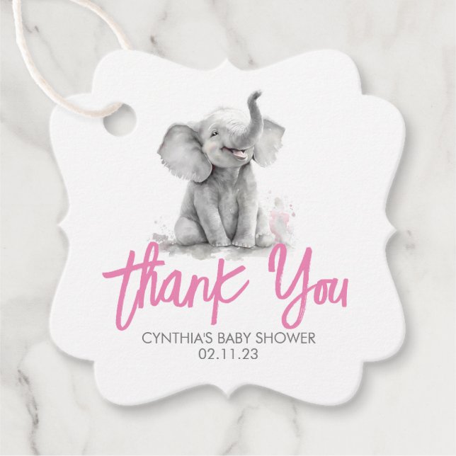 Étiquettes Cadeau Merci de Baby shower gris rose petit éléphant (Devant)