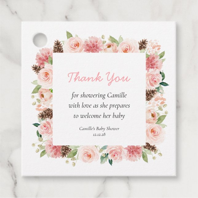 Étiquettes Cadeau Merci de Baby shower pour filles florales d'hiver (Devant)