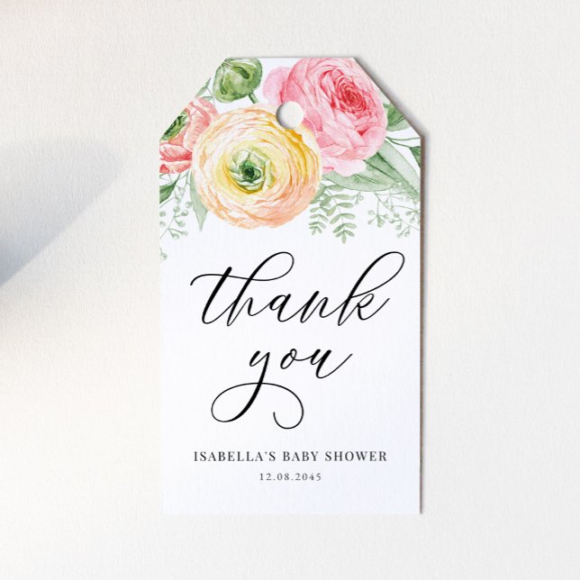 Étiquettes-cadeau Merci de Baby shower rose et jaune Ranunculus (Créateur téléchargé)
