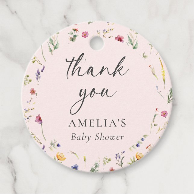 Étiquettes Cadeau Merci de Baby shower rose fleur sauvage (Devant)