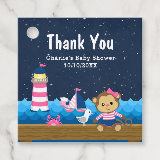 Étiquettes Cadeau Merci de Baby shower rose singe Nautique (Devant)