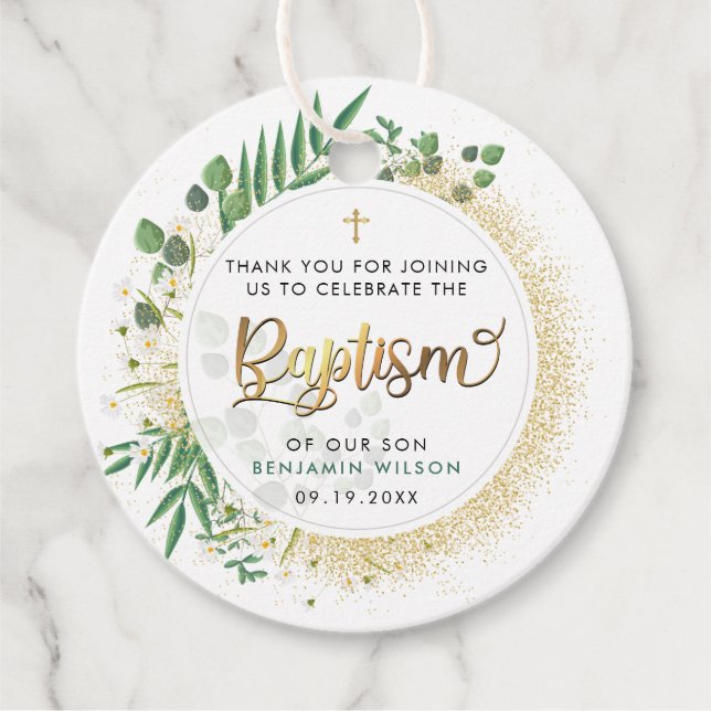 Étiquettes Cadeau Merci De Baptême Botanique Vert Et Or (Devant)