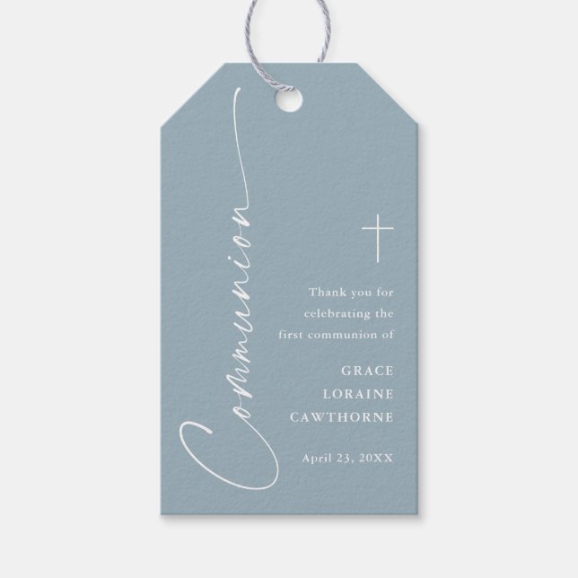 Étiquettes-cadeau Merci de communion moderne Dusty Blue Favor (Devant)
