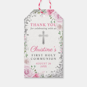 Étiquettes-cadeau Merci de communion Saint- de la flore rose d'argen
