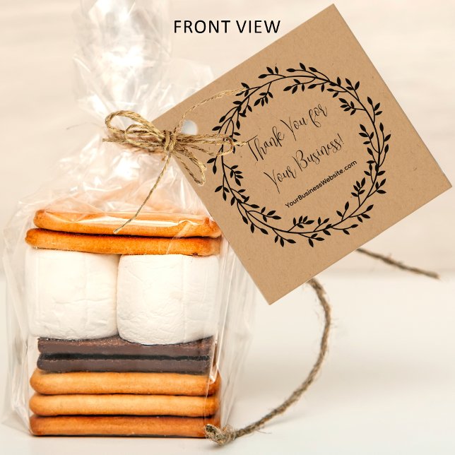 Étiquettes Cadeau Merci de couronne pour votre entreprise Insérer un (Wreath Thank You For Your Business Insert QR Code Real Kraft Paper Favor Tags - Front View)