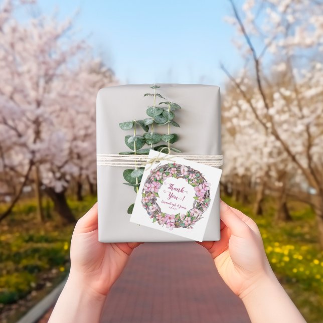 Étiquettes Cadeau Merci de  de couronne de fleurs rose printemps (Créateur téléchargé)
