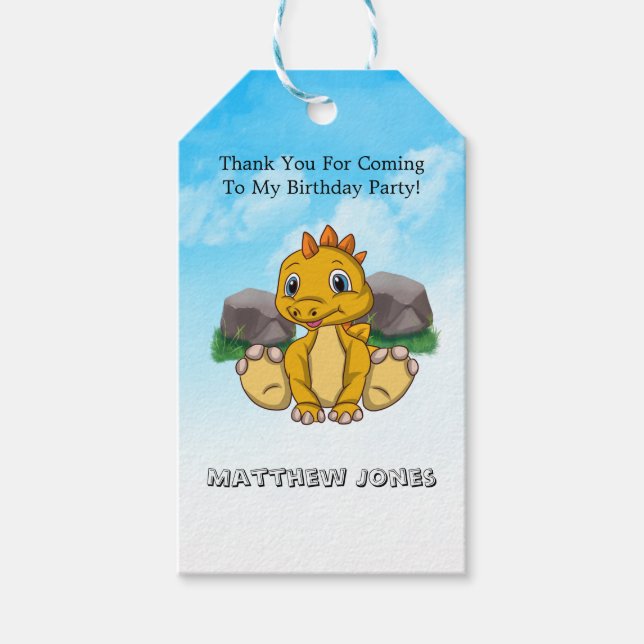 Étiquettes-cadeau Merci de dinosaure orange jaune (Devant)