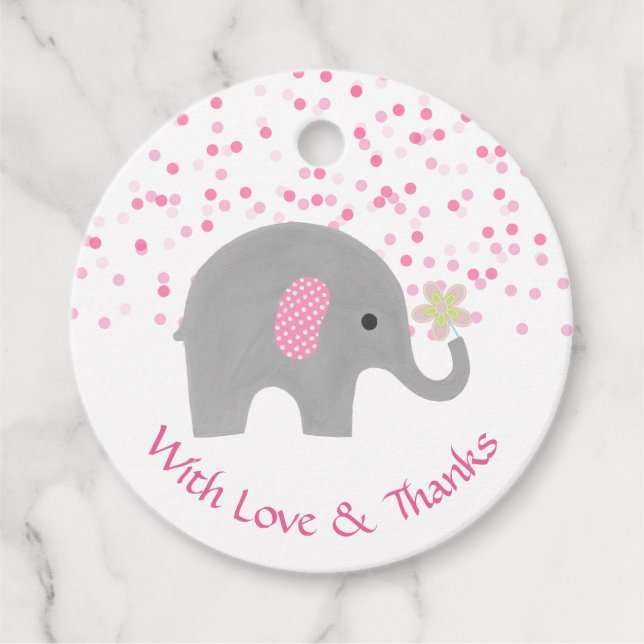 Étiquettes Cadeau Merci de douche à bébé rose Confetti Elephant (Devant)
