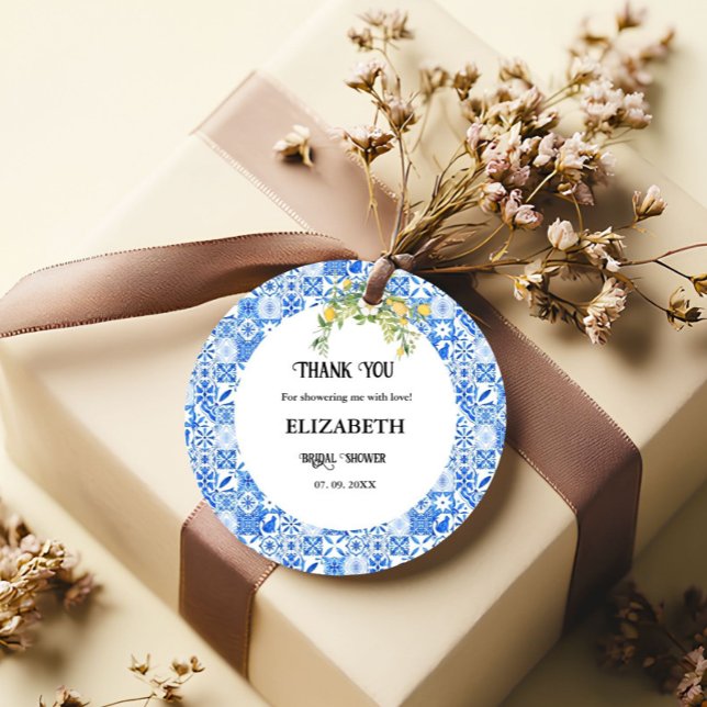 Étiquettes Cadeau Merci de douche nuptiale en carreaux bleus Lemon (Créateur téléchargé)