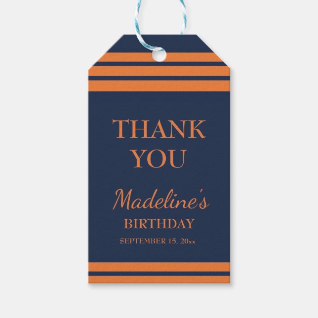 Étiquettes-cadeau Merci de fête d'anniversaire Bleu Orange Navy (Devant)