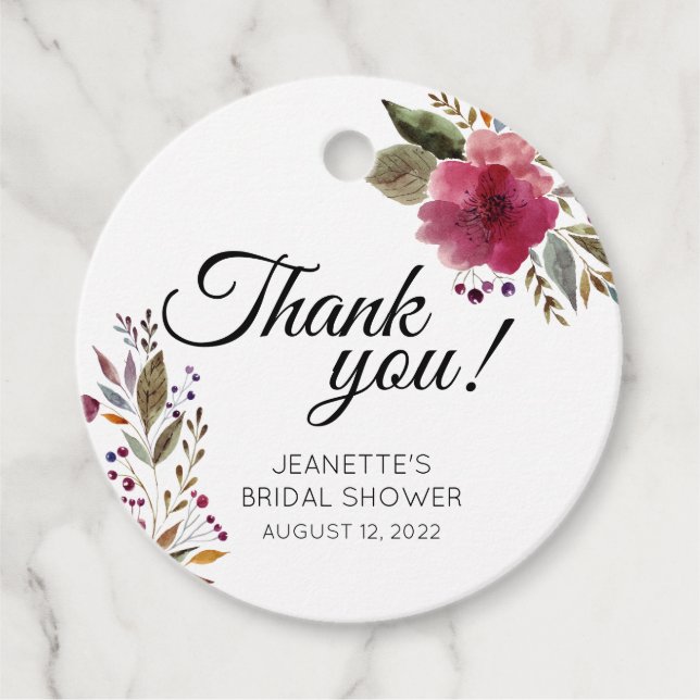 Étiquettes Cadeau Merci de Fête des mariées de fleurs d'aquarelle gr (Devant)