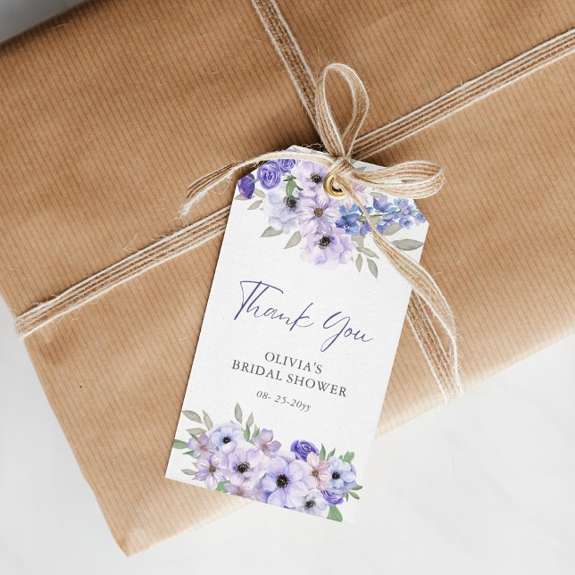 Étiquettes-cadeau Merci de Fête des mariées de script de fleurs viol (Purple Flower Script Bridal Shower Thank You Gift Tags)