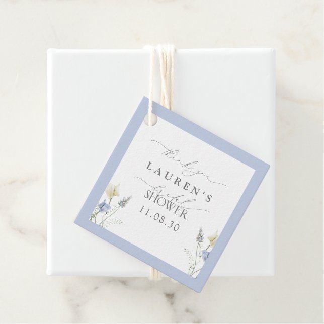 Étiquettes Cadeau Merci de Fête des mariées Fleur sauvage bleu Dusty (En situation)
