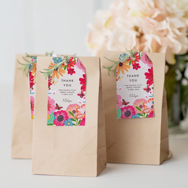 Étiquettes-cadeau Merci de Fête des mariées Fleur sauvage rose clair (Bright Pink Wildflower Bridal Shower Thank You Gift Tags)