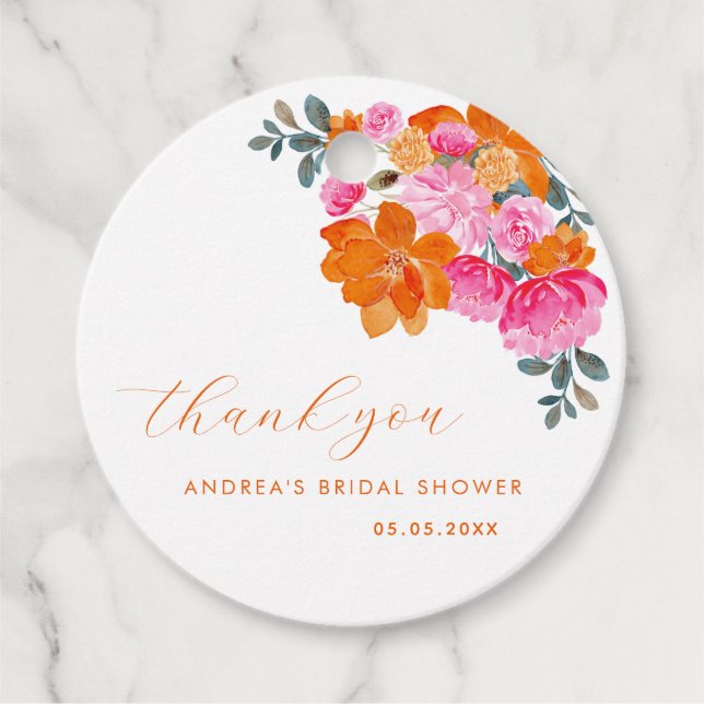 Étiquettes Cadeau Merci de Fête des mariées florale rose orange (Devant)