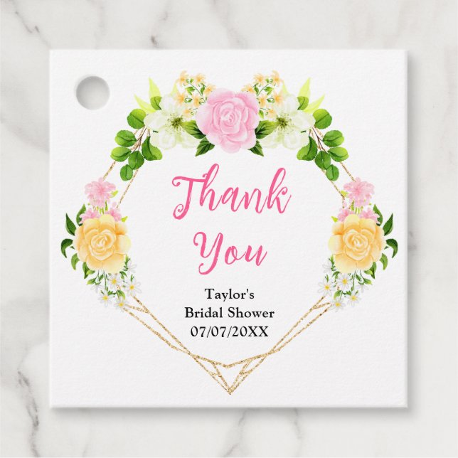 Étiquettes Cadeau Merci de Fête des mariées rose et jaune (Devant)
