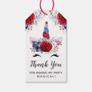 Étiquettes-cadeau Merci de la licorne rouge, blanche et bleue