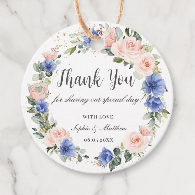 Étiquettes Cadeau Merci de la nuptiale Mariage floral bleu Blush (Devant)