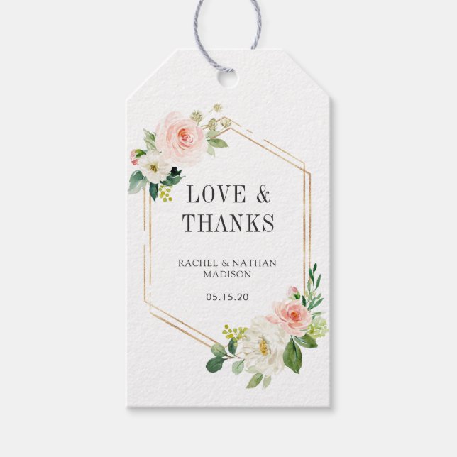 Étiquettes-cadeau Merci de Mariage à cadre or à fleurs blanches (Devant)