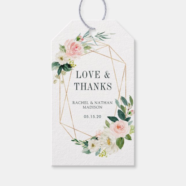 Étiquettes-cadeau Merci de Mariage à cadre or à fleurs blanches (Devant)