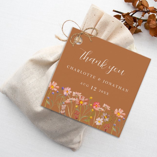 Étiquettes Cadeau Merci de Mariage de automne Floral Boho en terre c (Terracotta burnt orange elegant boho fall rustic floral Wedding watercolor wildflowers)