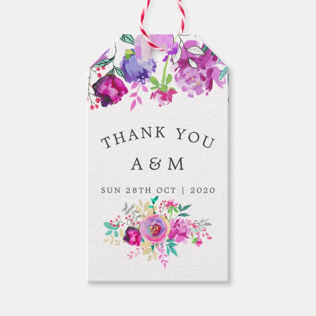 Étiquettes-cadeau Merci de Mariage de fleurs pourpres et de menthe (Devant)
