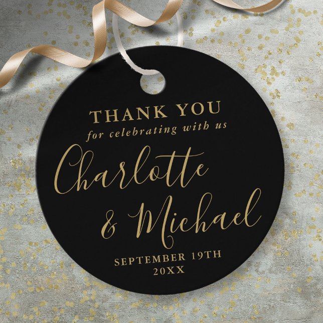 Étiquettes Cadeau Merci de Mariage de script noir et or (Black And Gold Script Wedding Thank You Favor Tags)