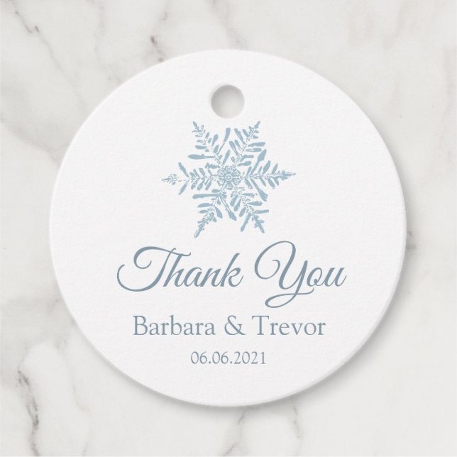 Étiquettes Cadeau Merci de mariage d'hiver Silver Blue Snowflakes (Devant)