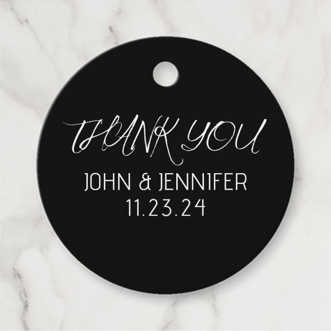 Étiquettes Cadeau Merci De Mariage Élégant Noir Et Blanc (Devant)