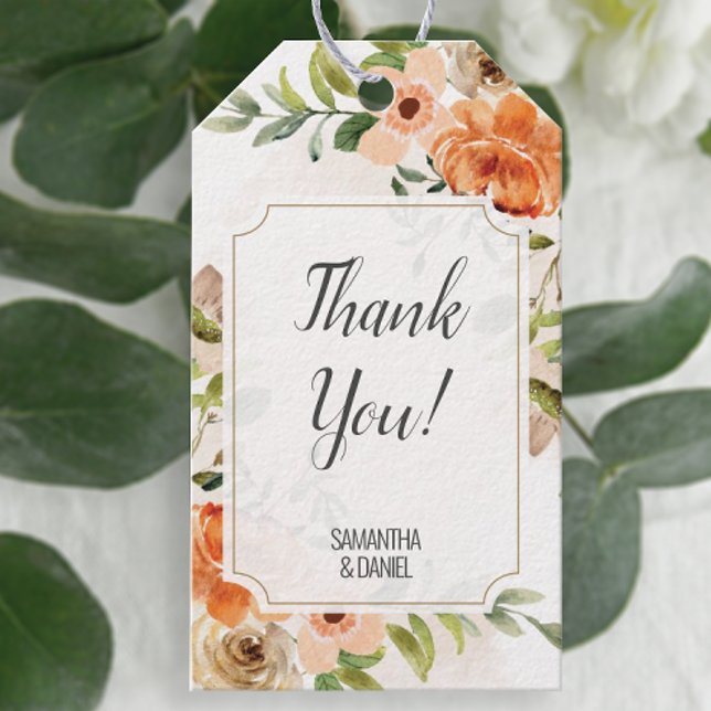 Étiquettes-cadeau Merci de Mariage en terre cuite rustique (Easily personalize these pretty floral favor tags with just a few clicks.)