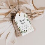 Étiquettes-cadeau Merci de Mariage vert Tropical d'or géométrique<br><div class="desc">Ces étiquettes de mariage vert tropical d'or géométrique sont parfaites pour une simple réception de mariage. Le design présente de beaux feuilles verts peints à la main, ornant un cadre géométrique doré. Personnalisez ces balises avec un message court, vos noms et votre date de mariage. Vous pouvez modifier le libellé...</div>