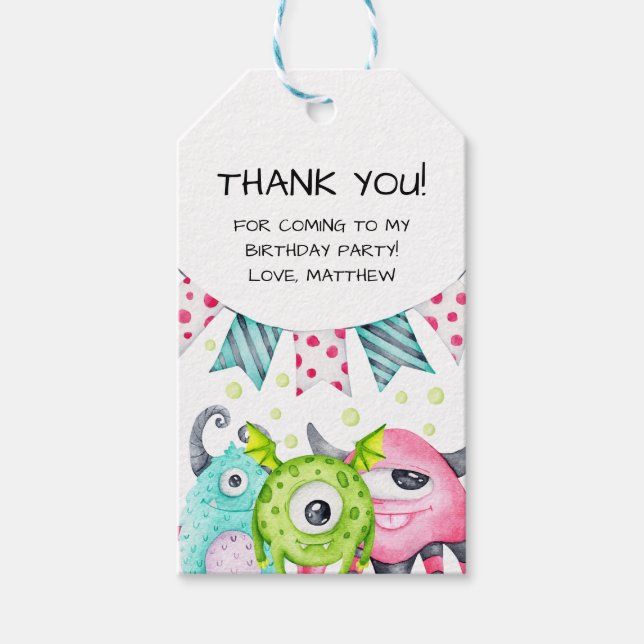 Étiquettes-cadeau Merci de monstres d'aquarelle Anniversaire de enfa (Devant)