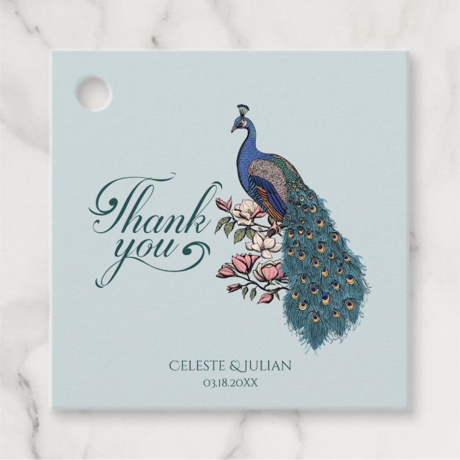 Étiquettes Cadeau Merci de paon bleu chic (Devant)