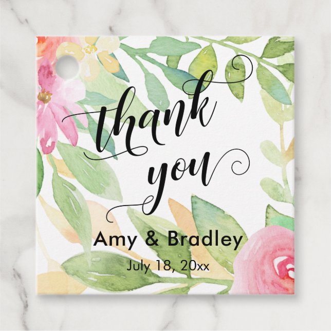 Étiquettes Cadeau Merci de script de fleurs roses Mariage personnali (Devant)