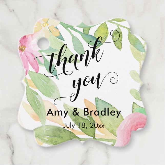 Étiquettes Cadeau Merci de script de fleurs roses Mariage personnali (Devant)