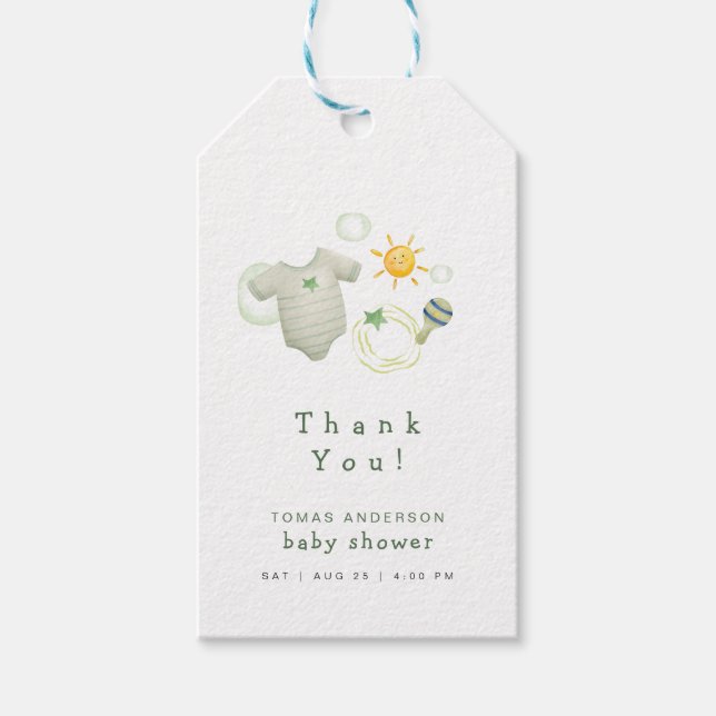 Étiquettes-cadeau Merci de vêtements de bébé vert Sage Neutre Sexe (Devant)