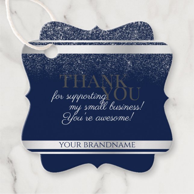 Étiquettes Cadeau Merci d'emballage élégant bleu foncé et argent (Devant)